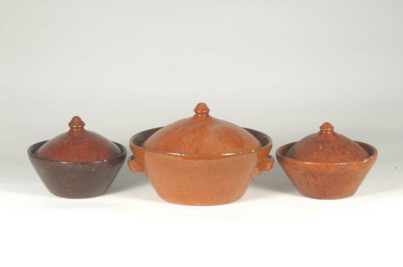 Appraisal: Signed Jugtown Ware Three lead glazed earthenware covered bowls H