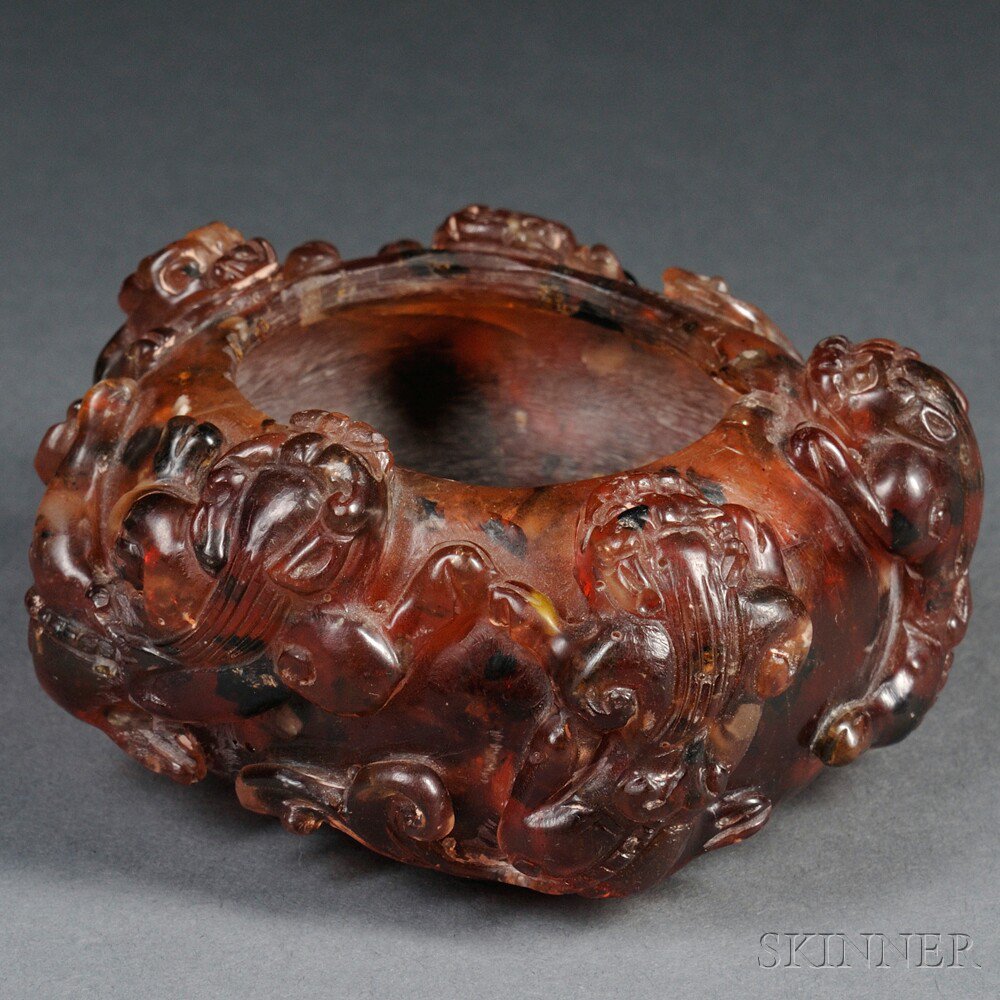 Appraisal: Faux Amber Resin Brush Washer China oval the exterior decorated