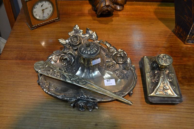 Appraisal: THREE PIECE BRASS FLORAL DECORATED DESK SET SIGNED MARIONNET