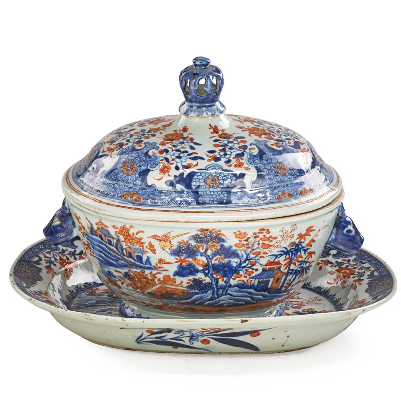 Appraisal: CHINESE EXPORT PORCELAIN TUREEN Riverscape decoration with boar head handles