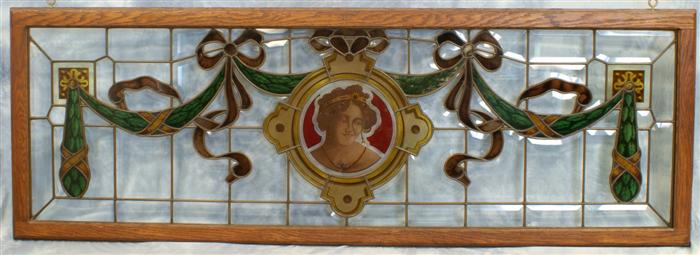 Appraisal: Stained and beveled glass panel reverse painted ladies portrait in