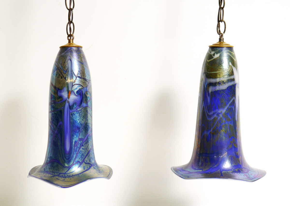 Appraisal: STEPHEN FELLERMAN ART GLASS PENDANT LAMPS Circa Blue iridescent each