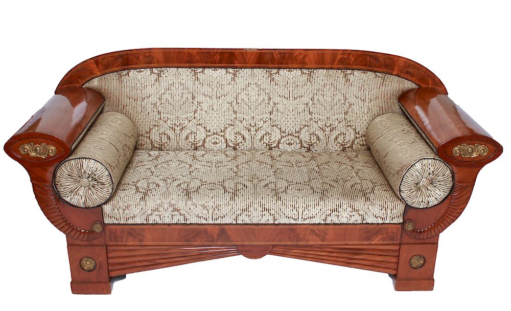 Appraisal: Biedermeier Flame Mahogany Upholstered Sofa Biedermeier flame mahogany with string