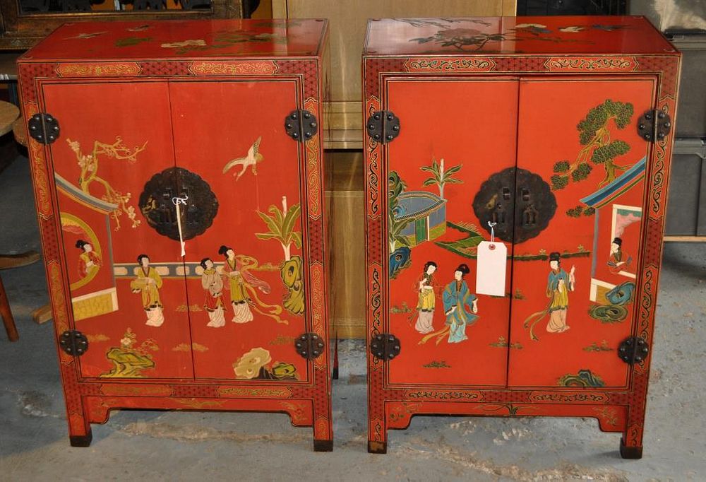 Appraisal: Pair Chinese Style Red Lacquer Cabinets each with figures birds