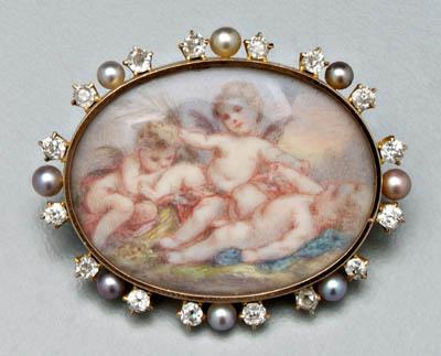 Appraisal: Vintage diamond and pearl brooch oval white panel painted with