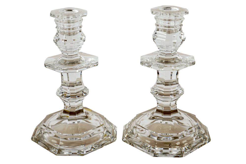 Appraisal: PAIR OF BACCARAT MOLDED GLASS CANDLESTICKSeach with Baccarat mark Condition