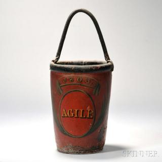 Appraisal: Red-painted Fire Bucket th century with simple banner and medallion