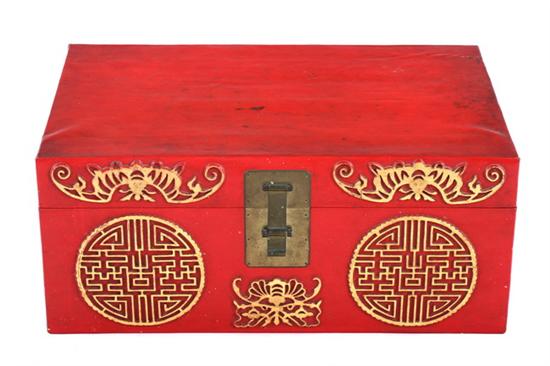 Appraisal: CHINESE RED PIGSKIN TRUNK With bat and calligraphy decoration -