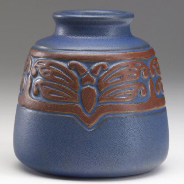 Appraisal: CALIFORNIA FAIENCE Unusual vase modeled with butterflies and glazed in