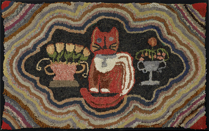 Appraisal: AMERICAN HOOKED RUG OF CAT AND FLORAL URNS CIRCA Mounted