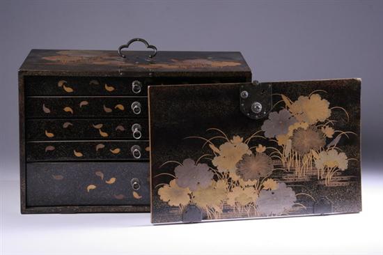 Appraisal: JAPANESE GILT BLACK LACQUER TSUBA CABINET Meiji period Rectangular outline