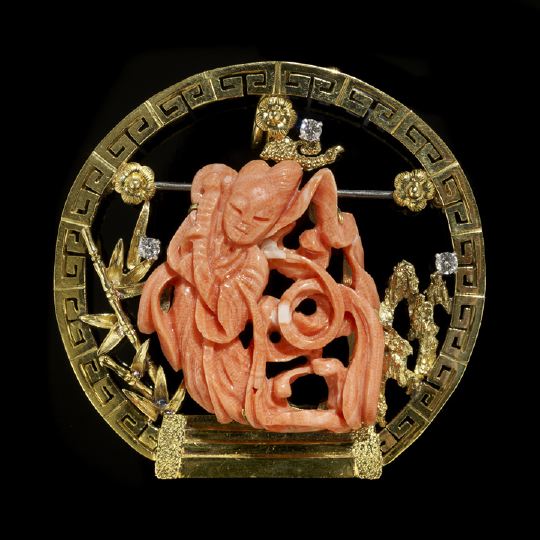 Appraisal: Eighteen-Karat Yellow Gold Coral and Diamond Pendant composed of a