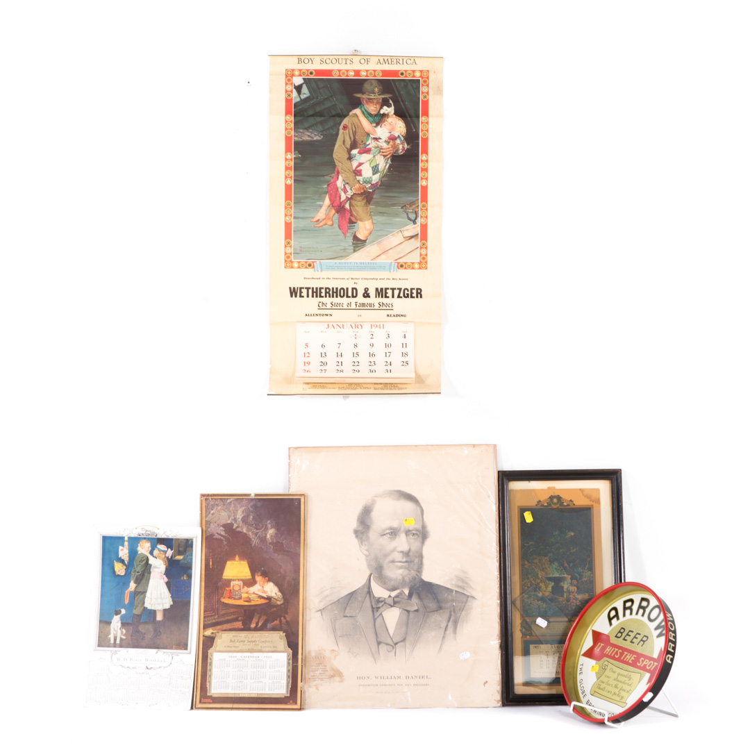 Appraisal: Assorted ephemera and advertising articles including lithographed tin Arrow Beer