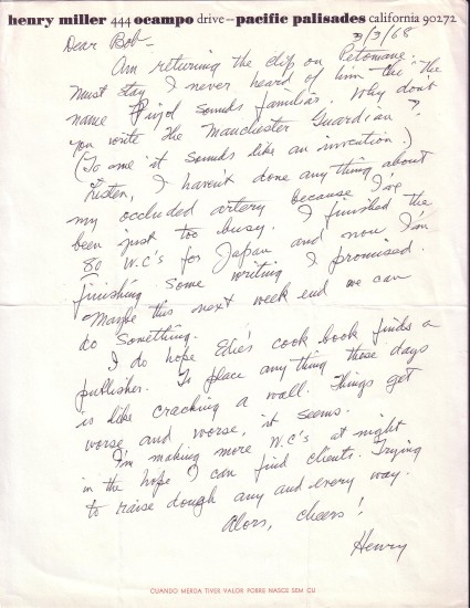 Appraisal: MILLER HENRY Autograph Letter Signed Henry to a friend Dear