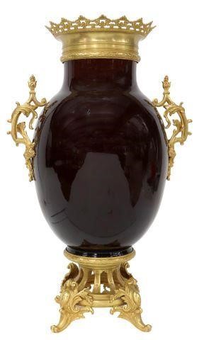 Appraisal: Ormolu-mounted Chinese porcelain vase dark sang-de-boeuf oxblood glazed exterior turquoise