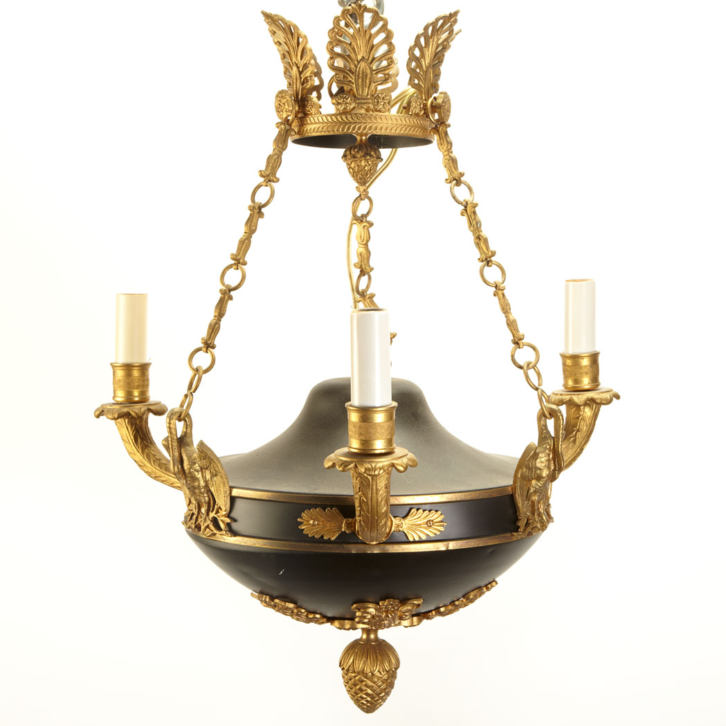 Appraisal: Empire Style Gilt and Patinated-Metal Three-Light Chandelier Of squat covered