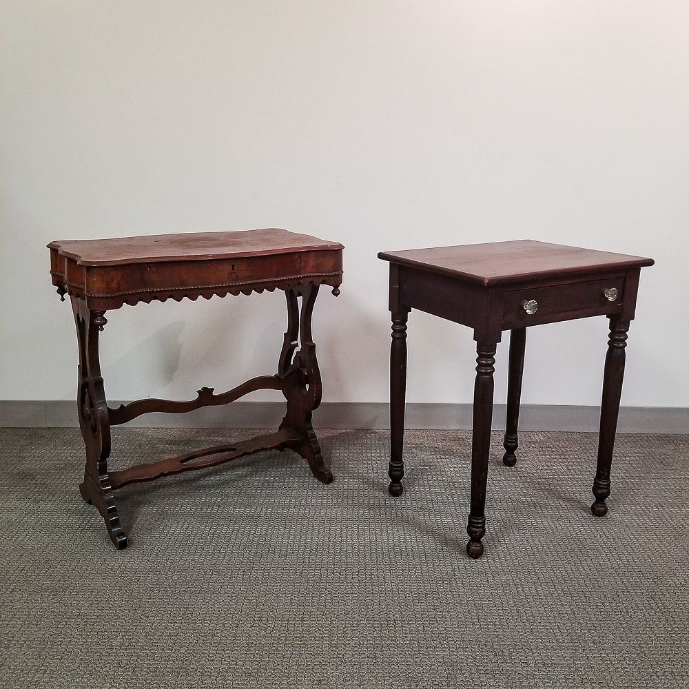 Appraisal: Late Classical Mahogany Veneer Sewing Stand and a Federal Cherry