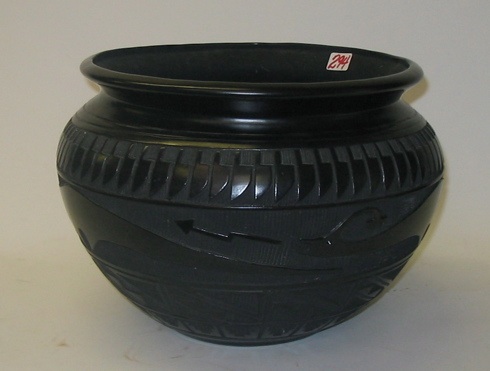 Appraisal: NAVAJO BLACK-ON-BLACK INDIAN POT incised design with stylized buck deer