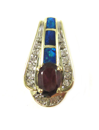 Appraisal: OPAL GARNET AND DIAMOND PENDANT k yellow gold inlaid with