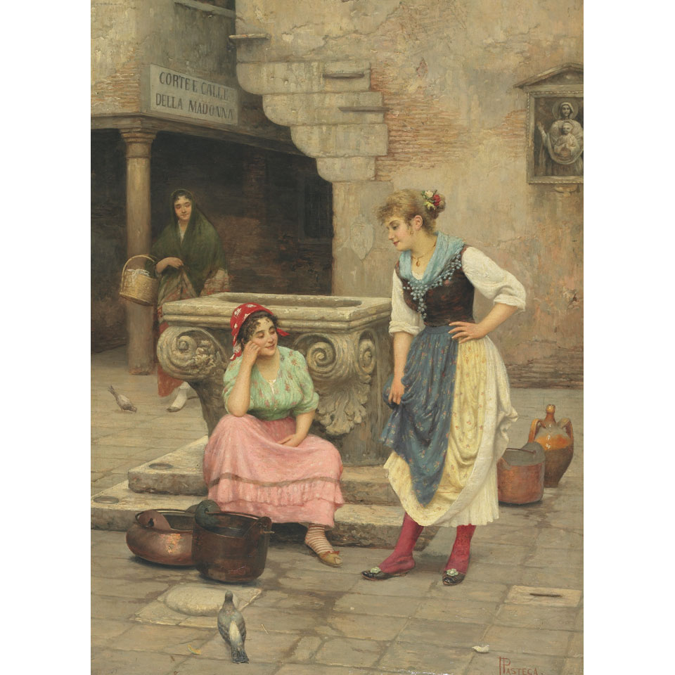 Appraisal: Luigi Pastega - Italian NEW RED STOCKINGS IDLE GOSSIPS Oil