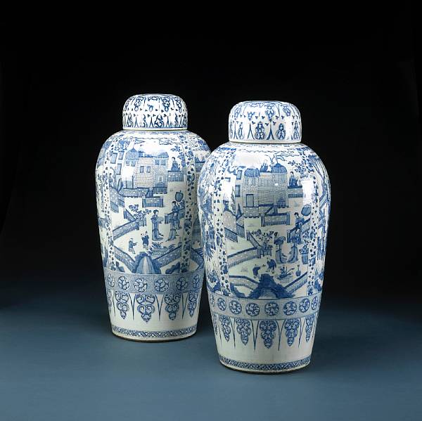 Appraisal: Two massive blue and white porcelain covered jars Kangxi Period