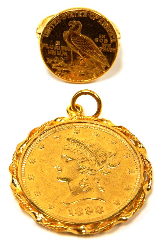 Appraisal: JEWELRY Two gold coin pieces one pendant tested K yellow