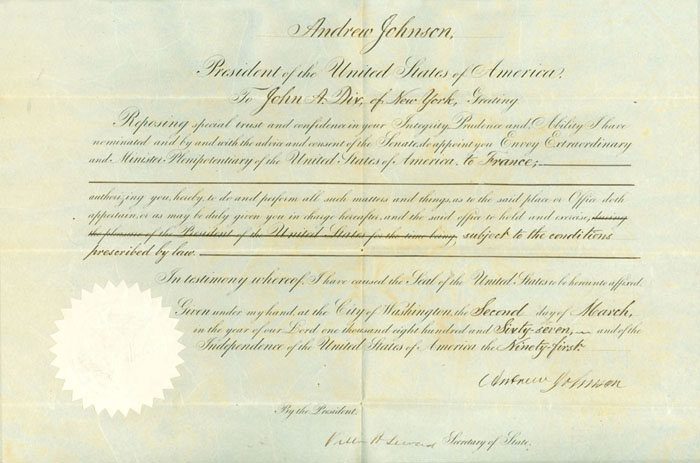 Appraisal: ANDREW JOHNSON PRESIDENT OF THE UNITED STATES APPOINTMENT OF JOHN