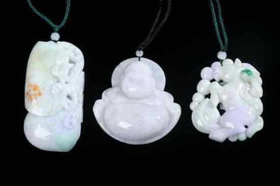 Appraisal: THREE CHINESE LAVENDER JADEITE PENDANTS Depicting figure of budai ruyi