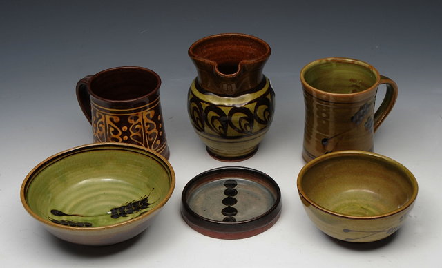 Appraisal: SIX SLIPWARE POTS including two Coldstone Godshill and Dieter Kunzemann