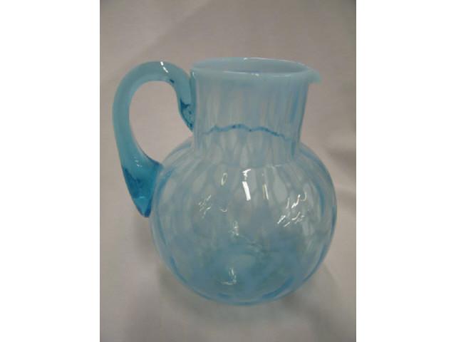 Appraisal: Victorian Blue Opalescent Art Glass Pitcher diamond quilted design excellent