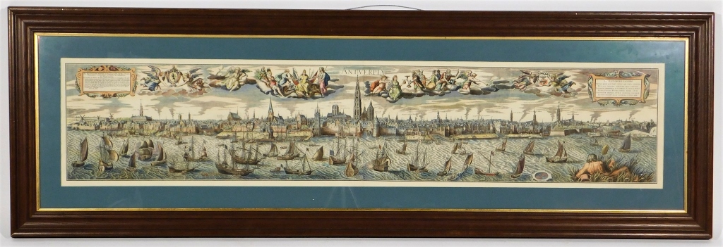 Appraisal: ILLUSTRATED HARBOR LANDSCAPE OF ANTWERP MAP PRINT Europe th CenturyDepicts