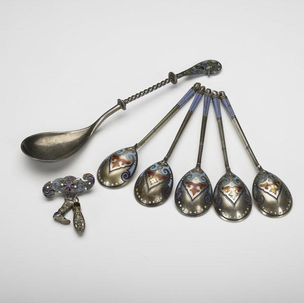 Appraisal: RUSSIAN EUROPEAN ENAMELED SILVER Five small spoons and a larger