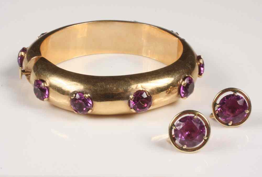 Appraisal: BRACELET EARRING SET - K yellow gold and synthetic color