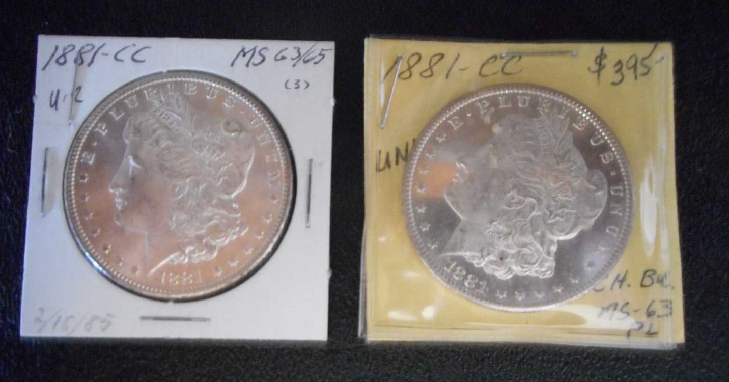 Appraisal: TWO CARSON CITY SILVER MORGAN DOLLARS -CC