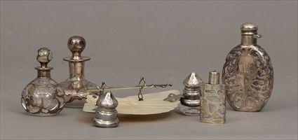 Appraisal: Four Silver-Overlay Glass Scent Bottles Together with a Continental silver