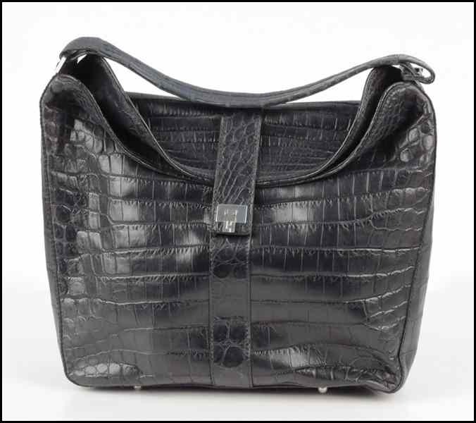 Appraisal: LAMBERTSON TRUEX BLACK EMBOSSED LEATHER FLAP HANDBAG With dustbag H