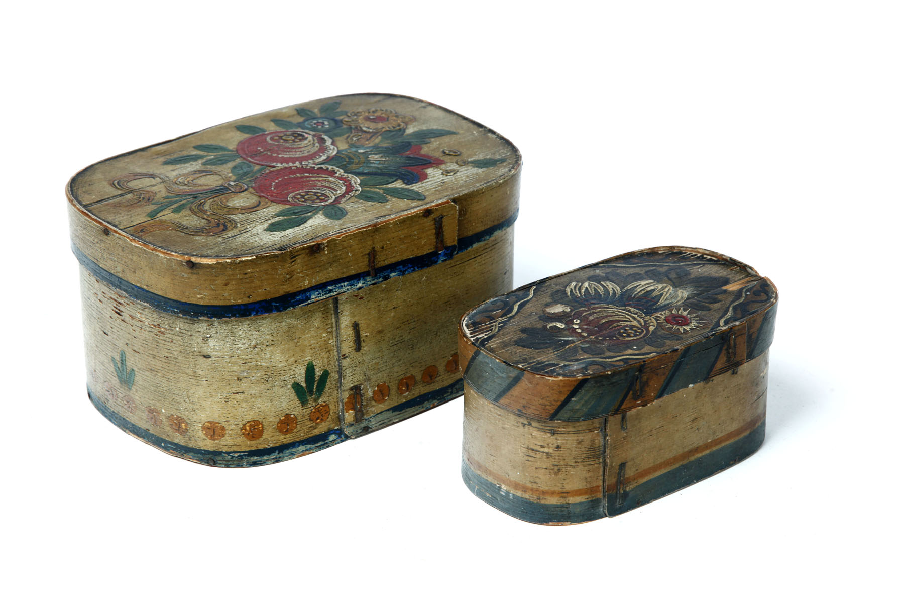 Appraisal: TWO DECORATED BENTWOOD BOXES AND SIGN European boxes with laced