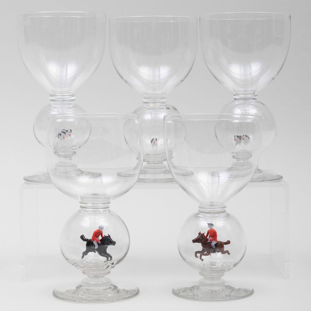 Appraisal: Set of Five Hunt Themed Internally Decorated Glasses x in