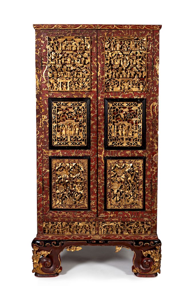 Appraisal: A Chinese Parcel-Gilt and Red-Painted Cabinet A Chinese Parcel-Gilt and