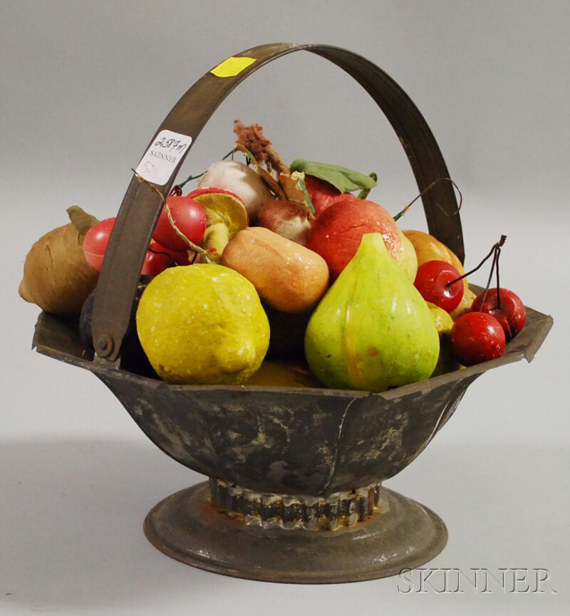 Appraisal: Group of Painted Carved Stone Fruit in a Tin Footed