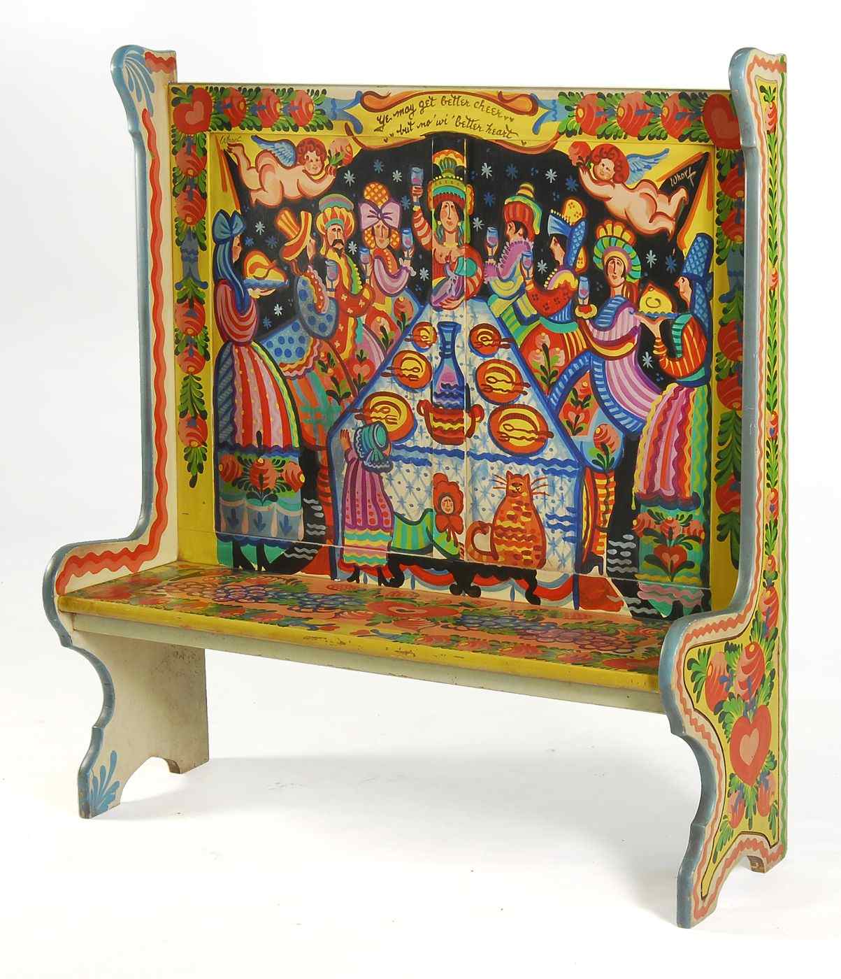 Appraisal: PAINT-DECORATED SETTLEDecorated by Nancy Whorf American - with elaborate colorful