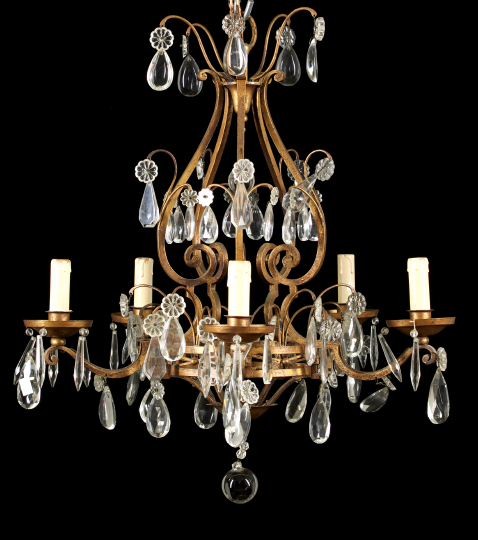 Appraisal: French Gilded Wrought-Iron and Cut Glass Five-Light Chandelier of cage