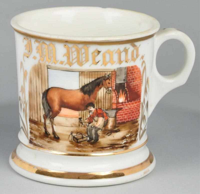 Appraisal: Blacksmith Horseshoeing a Horse Shaving Mug Description Gilt name J