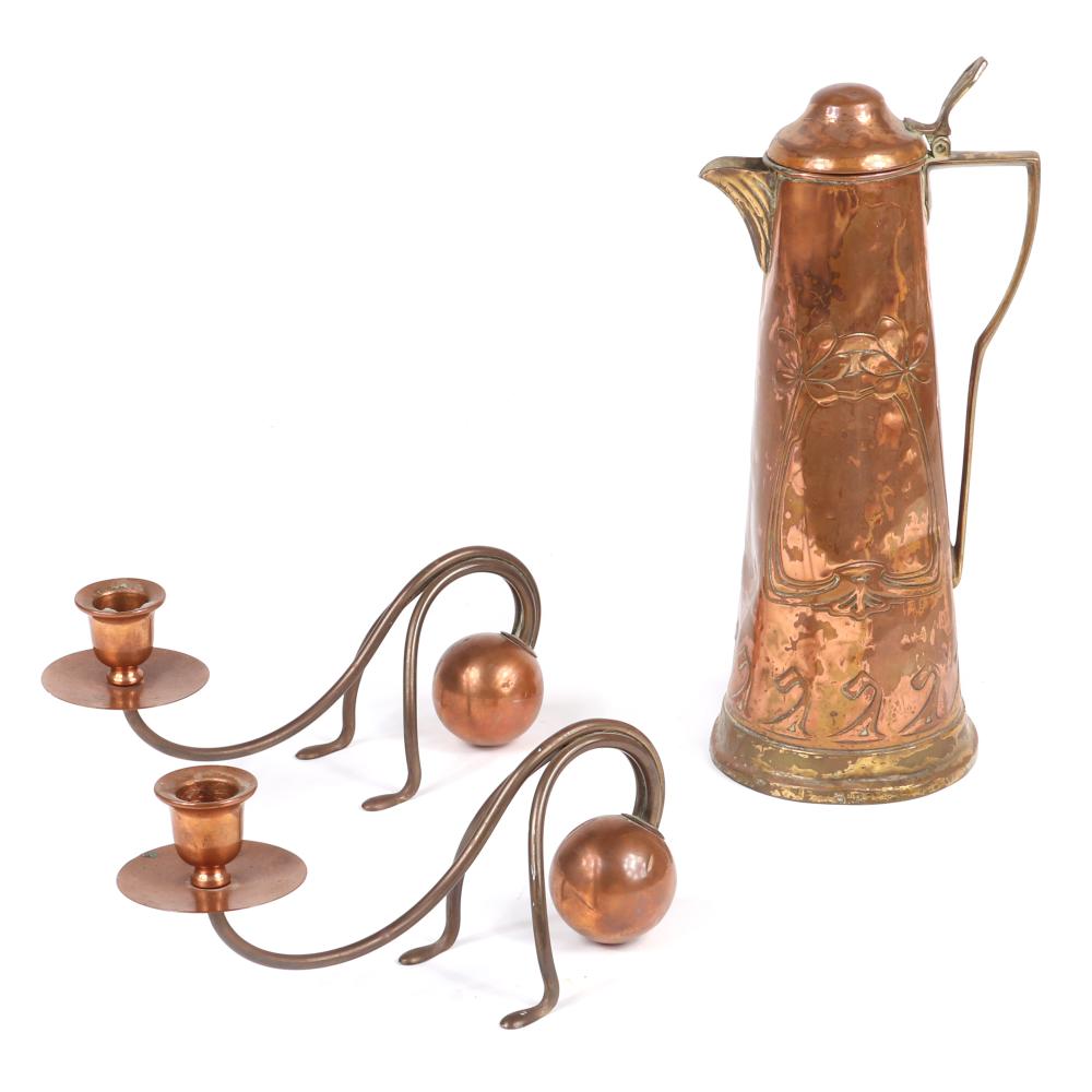 Appraisal: COPPER AND BRASS GROUP TALL ART NOUVEAU LIDDED PITCHER AND