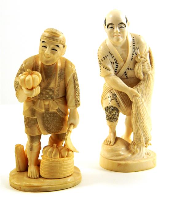 Appraisal: ASIAN Two Japanese ivory carvings first of a fisherman holding