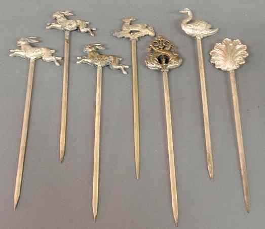 Appraisal: Six French silverplate picks late th c with animal handles