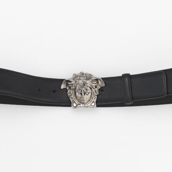 Appraisal: VERSACE MEN'S GUNMETAL MEDUSA LEATHER BELT x Versace Medusa buckle