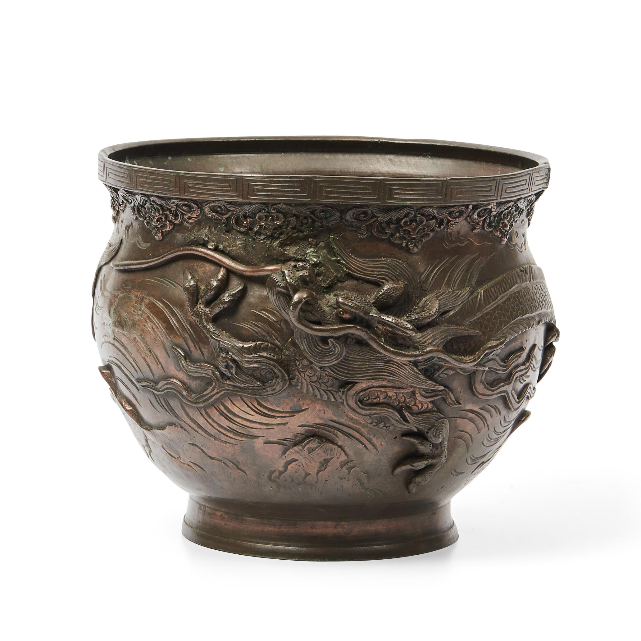 Appraisal: Asian-style Metal Jardiniere with dragon relief ht dia in