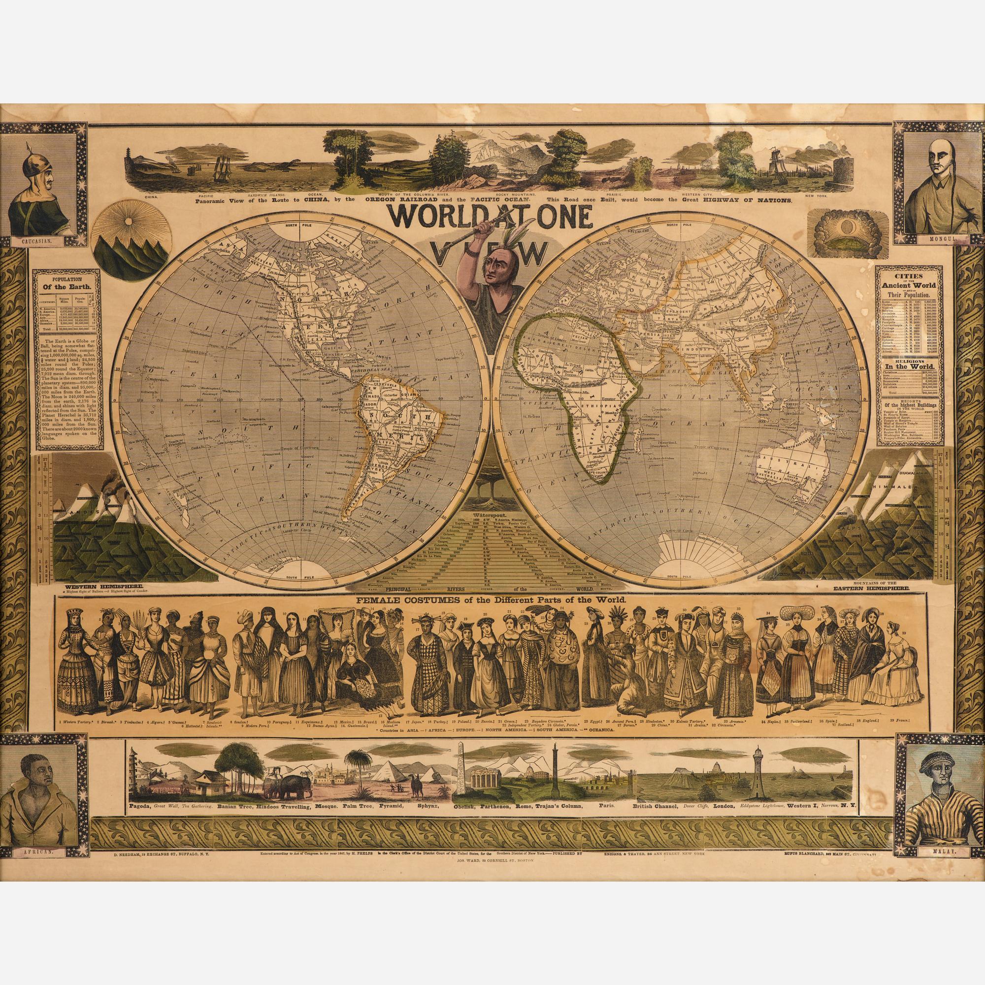 Appraisal: WORLD AT ONE VIEW PICTORIAL MAP A hand-colored lithographic double-hemisphere