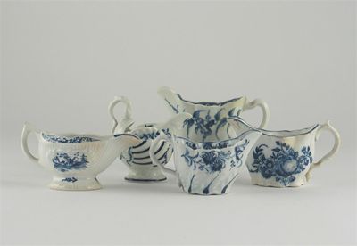 Appraisal: Five blue and white jugs Worcester Caughley and Lowestoft variously